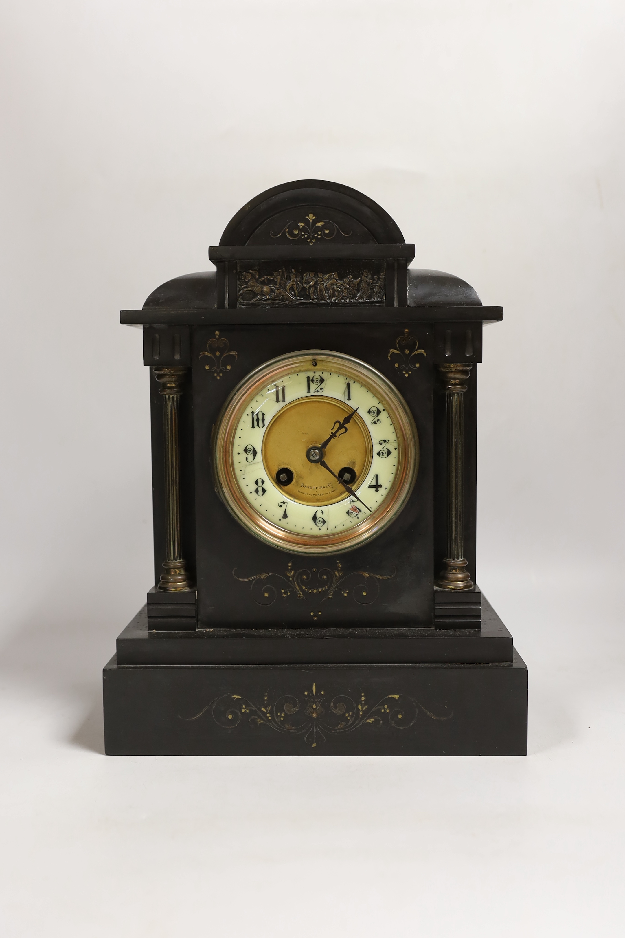 A Victorian slate mantel clock, French movement striking on a gong, dial signed Benetfink, 24cm wide